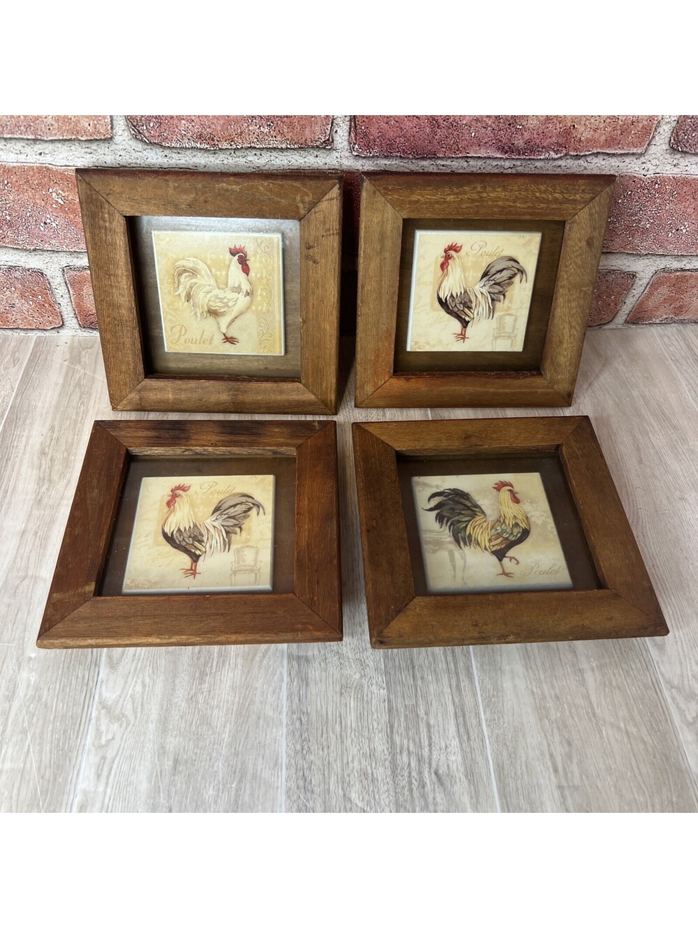 (4) Vintage Framed Poulet Tiles.  Rooster Farmhouse Pictures Chickens Farm